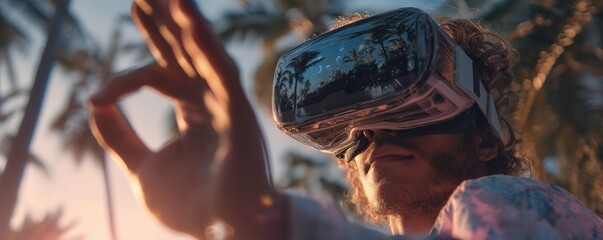 Man immersed in virtual reality outdoors wearing VR headset
