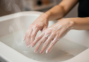 Hands being washed in a white sink with soap and steam.