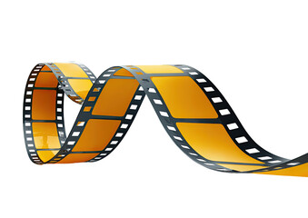 A vibrant orange/gold filmstrip coils in a dynamic spiral.  The black edges and rectangular frames are clear