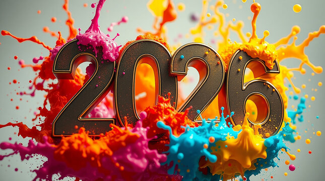 Vibrant colorful paint splashes around bold 2026 year numbers backdrop