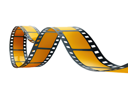 A vibrant orange/gold filmstrip coils in a dynamic spiral.  The black edges and rectangular frames are clear