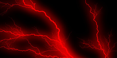 A striking image of red lightning against a dark background, showcasing natural energy. Lightning Effect Overlay, Isolated Electric Thunderstorm Bolt Strikes on Dark Night Sky Background. © Sofiqul