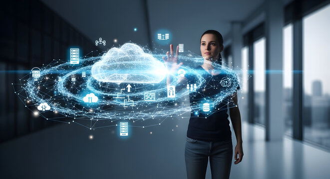 "Futuristic Holographic Smart Home Interface — Woman Interacting with Augmented Reality Home Automation Hologram"