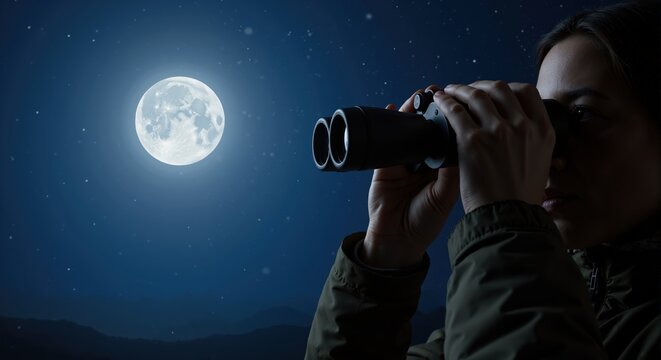 A woman looks through binoculars at the full moon in a starry night sky. Astronomy and stargazing hobby for exploration and discovery