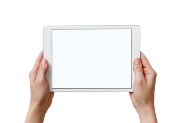 A pair of hands hold a white tablet computer with a blank screen