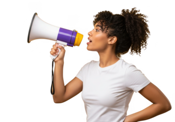 Young woman in white t shirt speaking loudly into a megaphone isolated on transparent background