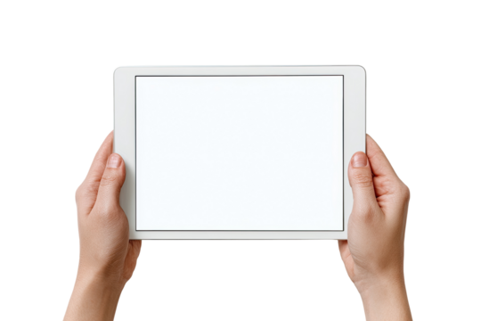A pair of hands hold a white tablet computer with a blank screen