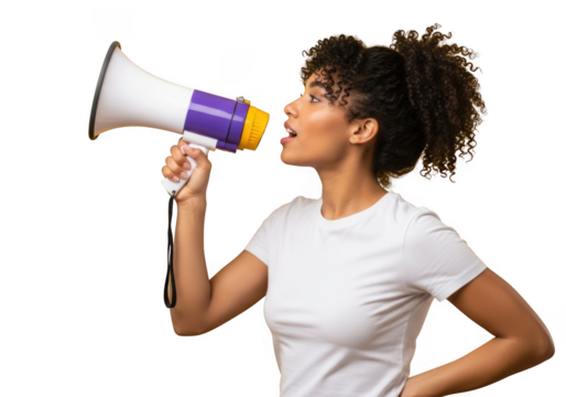 Young woman in white t shirt speaking loudly into a megaphone isolated on transparent background