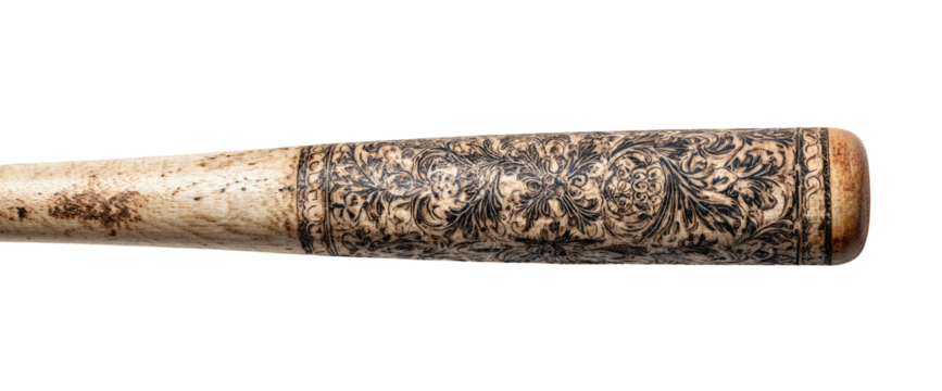 Ornate, light beige-colored handle, intricately engraved with dark floral designs
