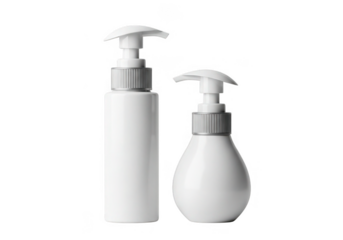 Two white pump bottles with silver accents isolated on transparent background