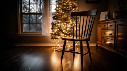 An empty chair Christmas tree, with soft glowing lights reflecting floor, symbolizing isolation. Loneliness during Christmas holidays copy space, holiday contrast, aging, and emotional storytelling