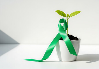 A green awareness ribbon wrapped around a small potted plant symbolizing growth, new life, and hope.