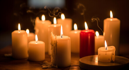 A collection of lit candles with smoke rising from their wicks, creating a warm and atmospheric glow.