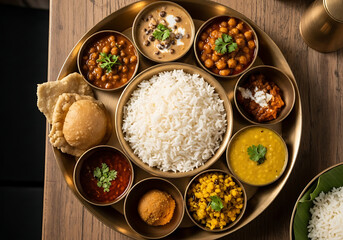 A vibrant and elaborate Indian thali meal featuring a central mound of white rice surrounded by an assortment of curries, dals, and accompaniments in small brass bowls.