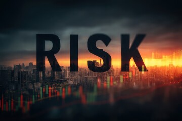 Risk concept symbolized by bold text over a city with glowing orange horizon