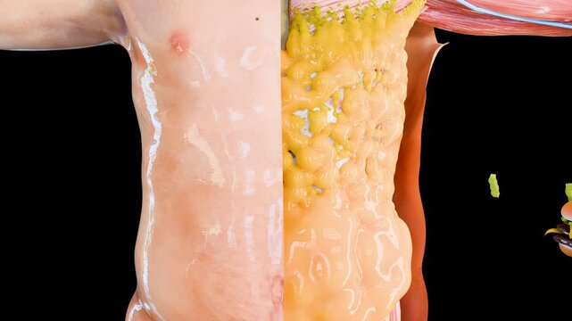 Before and after eating Junk food, unhealthy hamburger and  pizza and fries, overweight and nutrition, Medical and healthcare food eating concept. Overeating fast fatty food, obesity, 3D render