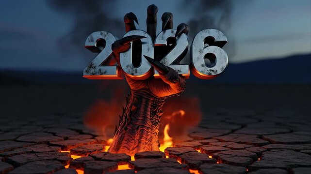 2026 Emergence from Hell - A terrifying monster hand erupts from a cracked, fiery landscape, clutching the year 2026.