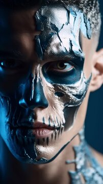  young man with skull-inspired makeup, half-face painted as glowing futuristic skeleton with metallic details, the other half natural, high-contrast fashion horror aesthetic