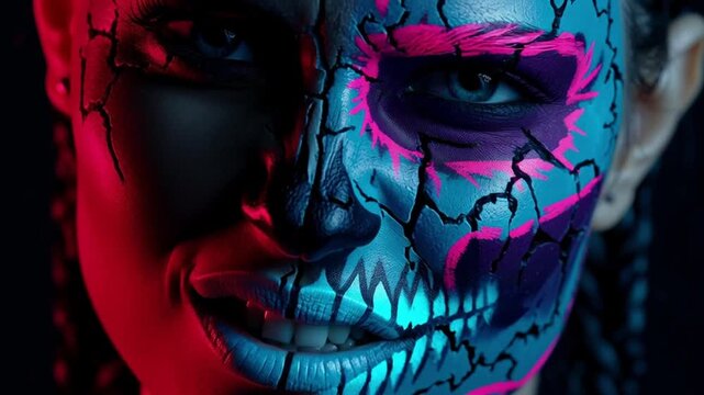  young man with skull-inspired makeup, half-face painted as glowing futuristic skeleton with metallic details, the other half natural, high-contrast fashion horror aesthetic