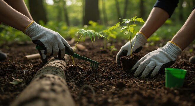 People planting young saplings in a forest. Close-up of hands in gloves working in the soil. Reforestation and environmental conservation concept
