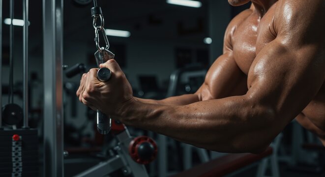 Muscular man performing a triceps pushdown exercise on a cable machine. Close-up of a bodybuilder's powerful arms during an intense strength training workout. Fitness and bodybuilding concept