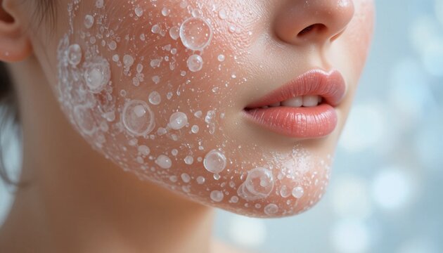 A detailed macro close-up of dry skin on a woman's face shows the texture of the skin with exfoliating gel or peeling mask residue. This image highlights the texture of the skin care product.