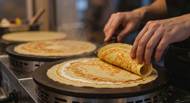 Chef's hands making a fresh crepe on a professional griddle. Close-up of cooking pancakes in a restaurant kitchen or food stall. Culinary process concept
