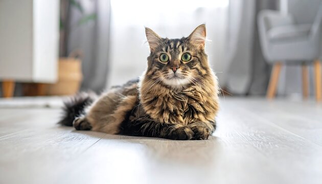 A fluffy tabby cat with green eyes lies on a wooden floor.