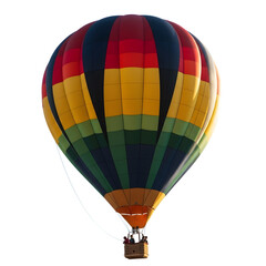 Naklejka premium A vibrant hot air balloon with a colorful striped envelope and a basket carrying passengers, isolated on a white background.