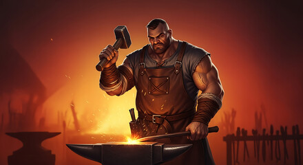 A powerful blacksmith with a muscular physique is actively working at his forge, hammering a glowing piece of metal on an anvil.