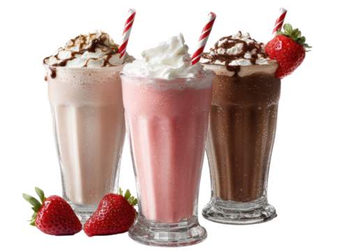 Three milkshake glasses, showcasing strawberry, vanilla, and chocolate flavors.  Whipped cream, chocolate syrup, and red straws add visual appeal. Fresh strawberries accompany the drinks