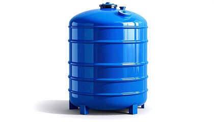 A shiny, blue, cylindrical industrial storage tank isolated on white
