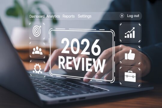 Person reviewing 2026 data on a laptop with futuristic interface