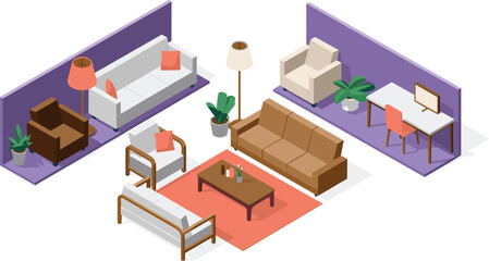 isometric modern living room interior design with stylish furniture, cozy sofas, plants, coffee table, lamp, and elegant home decor elements