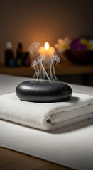 A lit candle on a steaming hot stone rests on a white towel in a tranquil spa setting for aromatherapy.