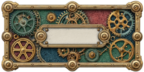 Ornate steampunk-style frame with gears and empty plate