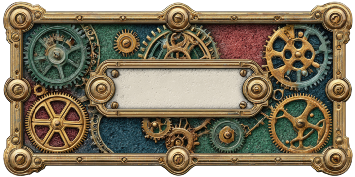 Ornate steampunk-style frame with gears and empty plate