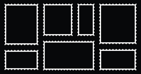 Postage stamp rectangle and square set. Blank postage stamp borders templates isolated on black background. Mockup postage stamps.	