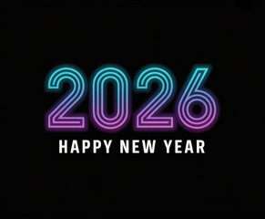 Bright 2026 happy new year text in neon glow effect with vibrant gradient against