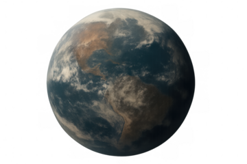 Earth displaying americas, clouds, and oceans, symbolizing global connectivity and environmental themes with transparent background