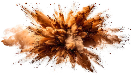 A central explosion of brown powder particles radiating outward, smoke-like, against black