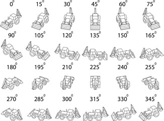Part of a collection of 24 tractors drawn from multiple angles. Isometric design of a tractor modification in the form of a bucket loader in black lines without color, perfectly suited for video games