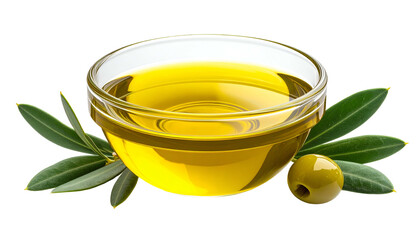 Clear glass bowl of golden oil, green olives, and leafy branches against a dark background