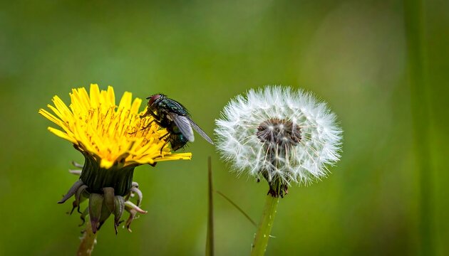 A close-up of a bee on a vibrant yellow dandelion next to a fluffy white dandelion seed head, set against a soft green background.