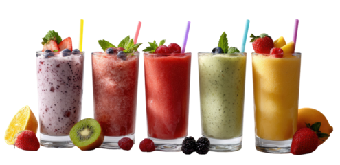 Colorful fruit smoothies in tall glasses, garnished with fresh fruit