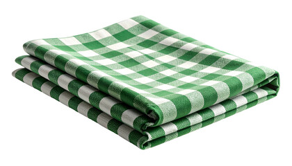 Stack of folded green and white checkered cloths, perfectly arranged against a transparent background