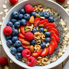 A healthy breakfast bowl of oatmeal topped with fresh berries, nuts, and seeds.