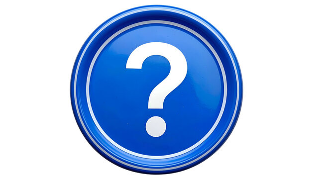Shiny blue button with a white question mark in the center, against a stark black background