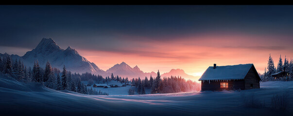 Warmth of christmas morning sunrise over a snow-covered village holiday serenity tranquil environment gigapixel standard