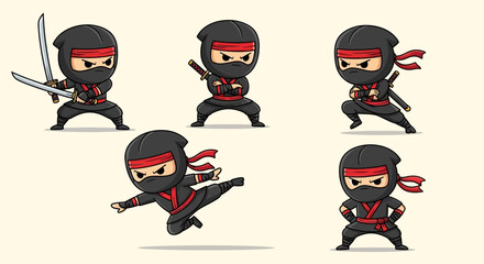 Cute Kawaii Style Ninjas in Dynamic Poses, Vector Illustration Series © Fendi